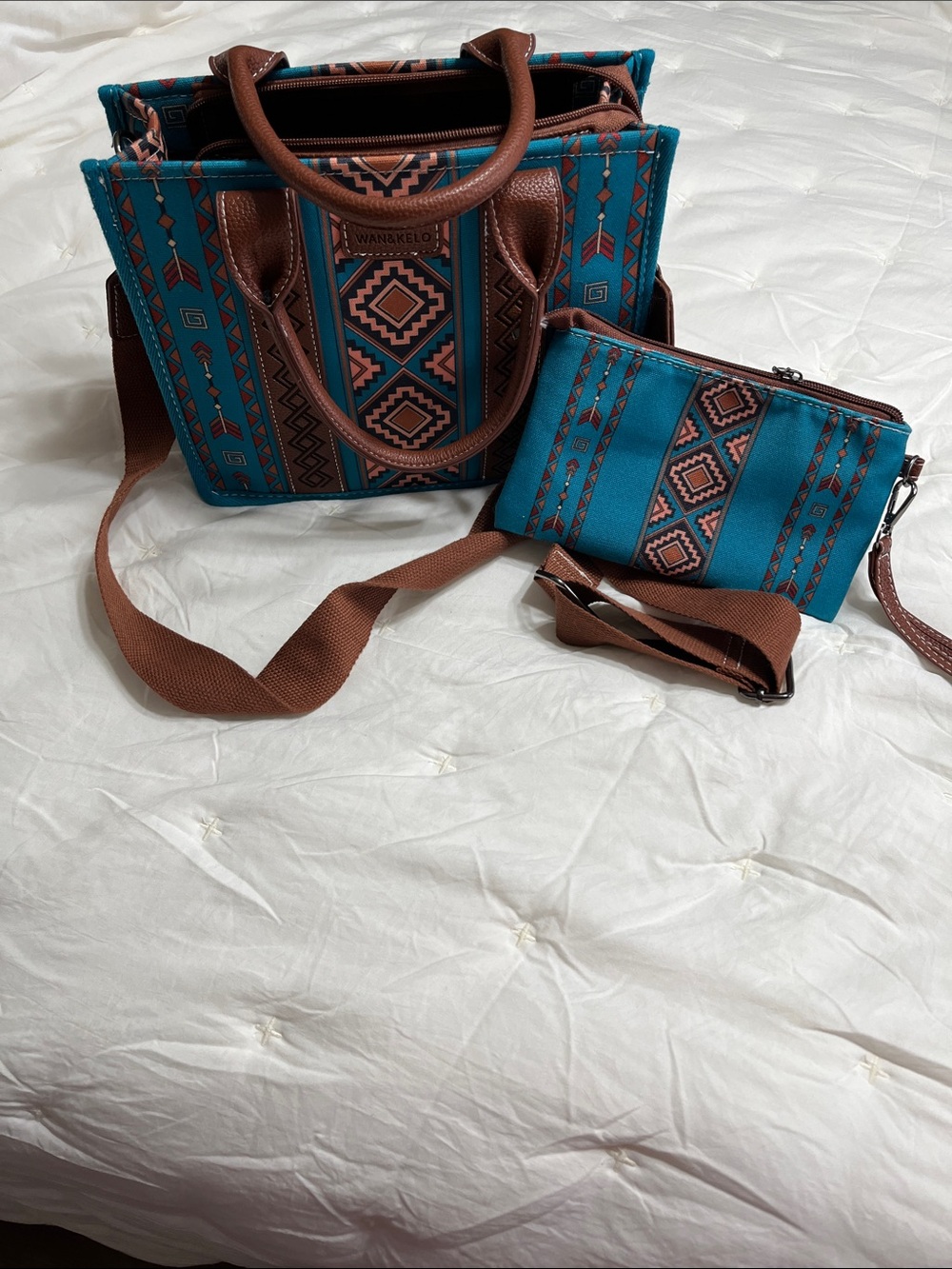 Teal Aztec Pattern Crossbody Tote with Brown Trim and Matching Pouch